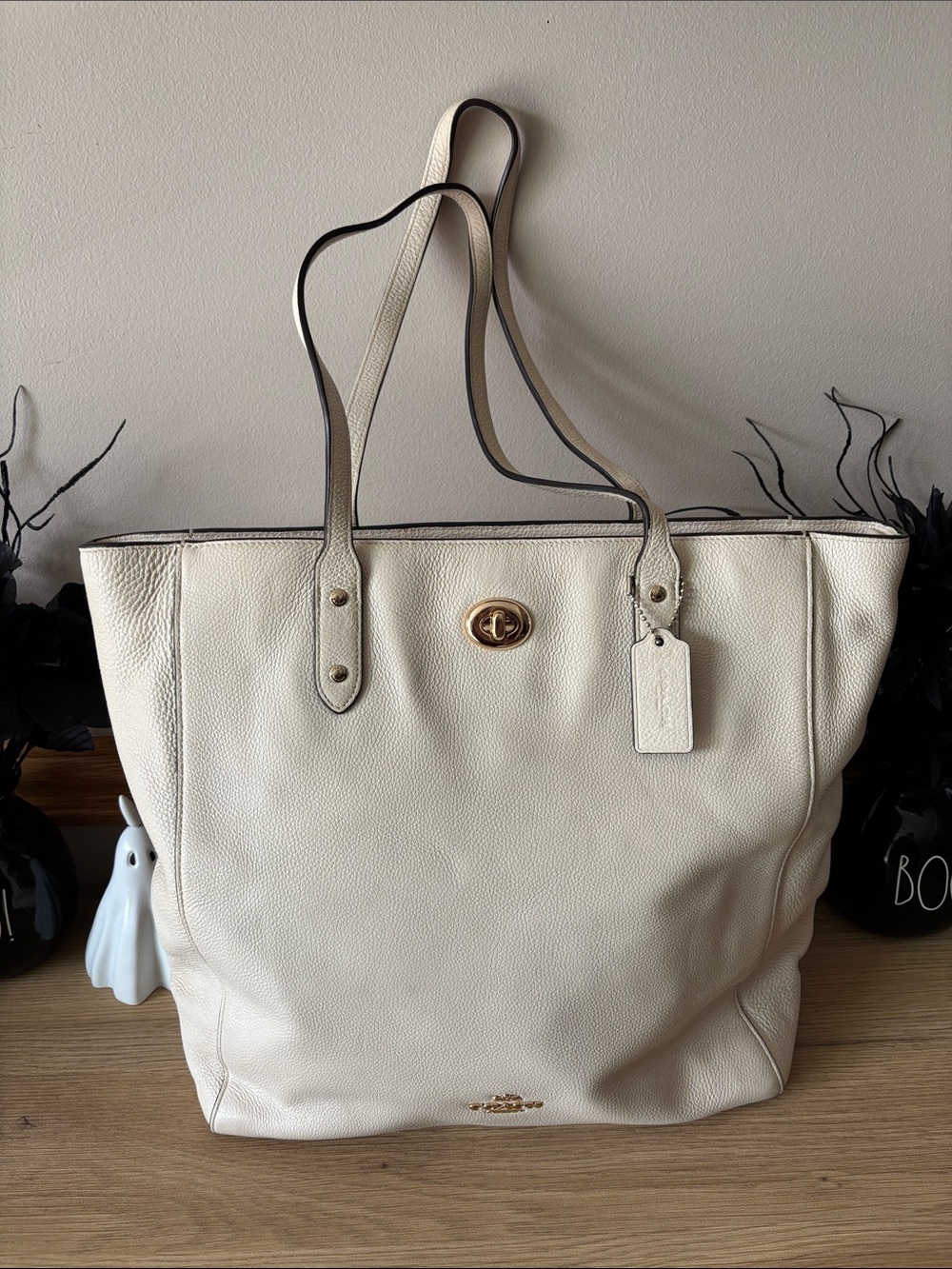 Coach Cream Pebbled Leather Tote with Gold Turnlock
